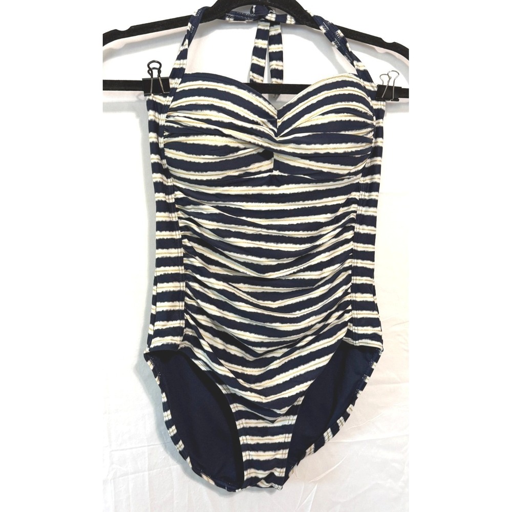 Niptuck Swim Womens 1 Piece Swimsuit Multi Fit Cup Stripe Size 6  Blue Navy Gold